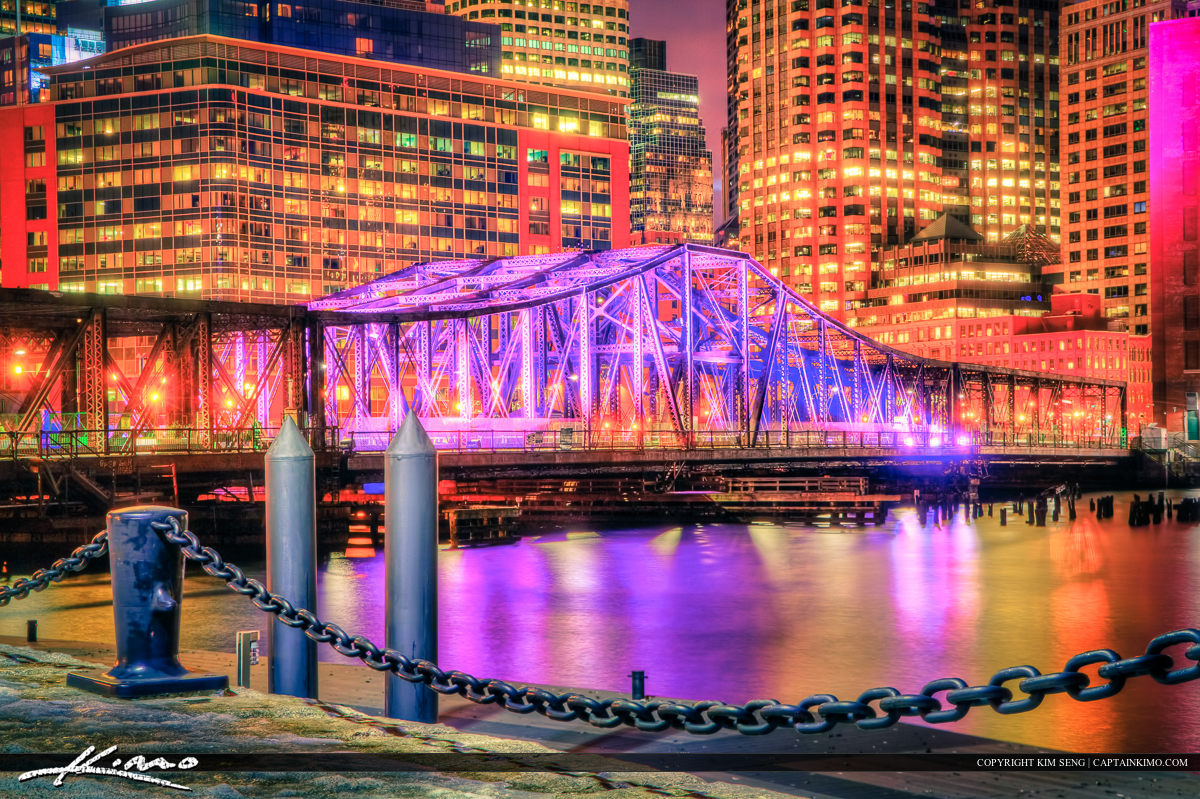 Old Bridge Boston Harborwalk Downtown CIty Lights Royal Stock Photo