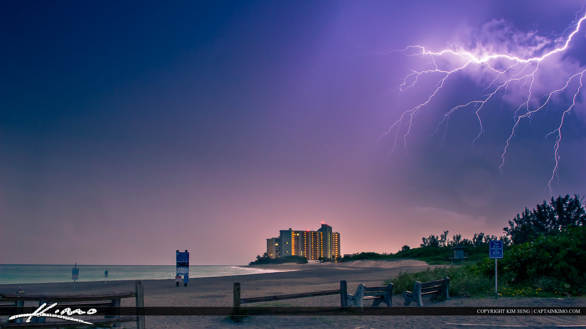 Lightning Storm Over the Jupiter Inlet Beach Florida Royal Stock Photo
