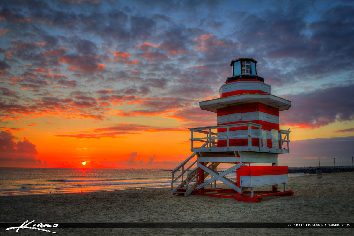 Sunrise at South Beach Miami Lighthouse Lifeguard Tower Royal Stock Photo
