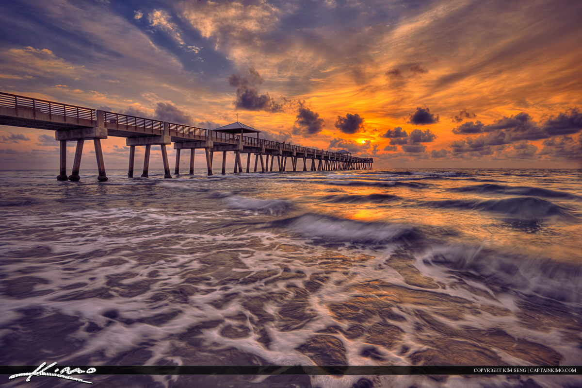 Juno Beach Pier Sunrise Florida Ocean Wave Orange Royal Stock Photo