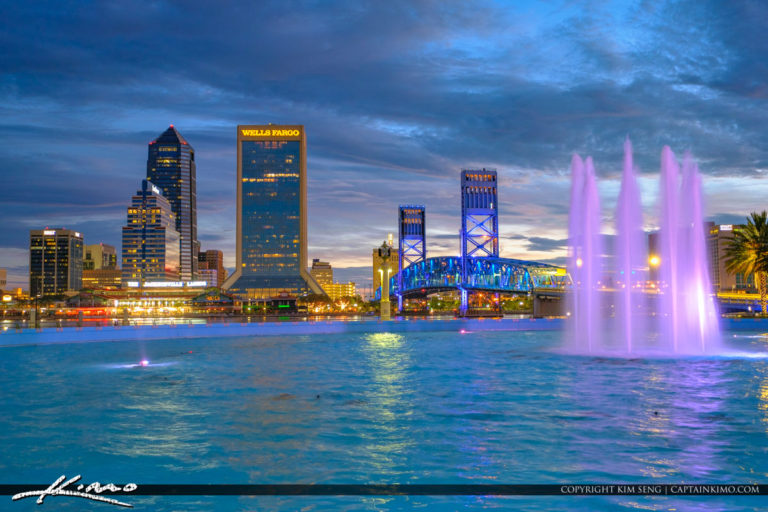 Beautiful Night at the Downtown Jacksonville with Fountain and