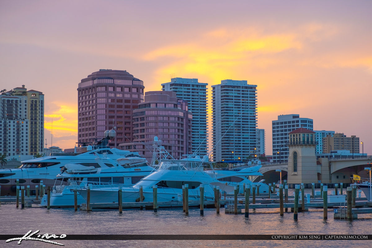 West Palm Beach Skyline Marina Sunset Royal Stock Photo