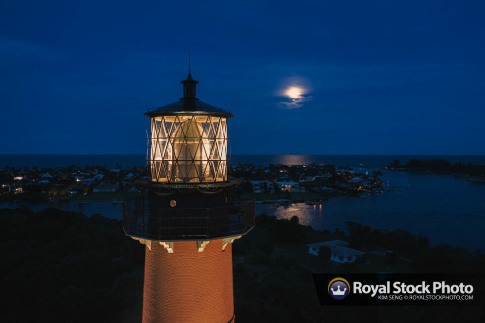 Moon Rise Jupiter Lighthouse Aerial Royal Stock Photo