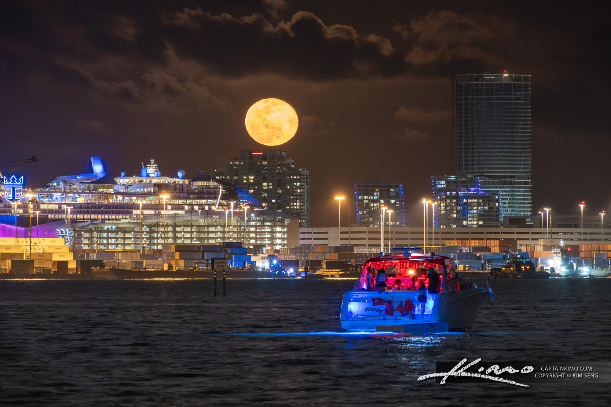 Harbor Moonrise in Miami Port of Miami with Icon at Sea