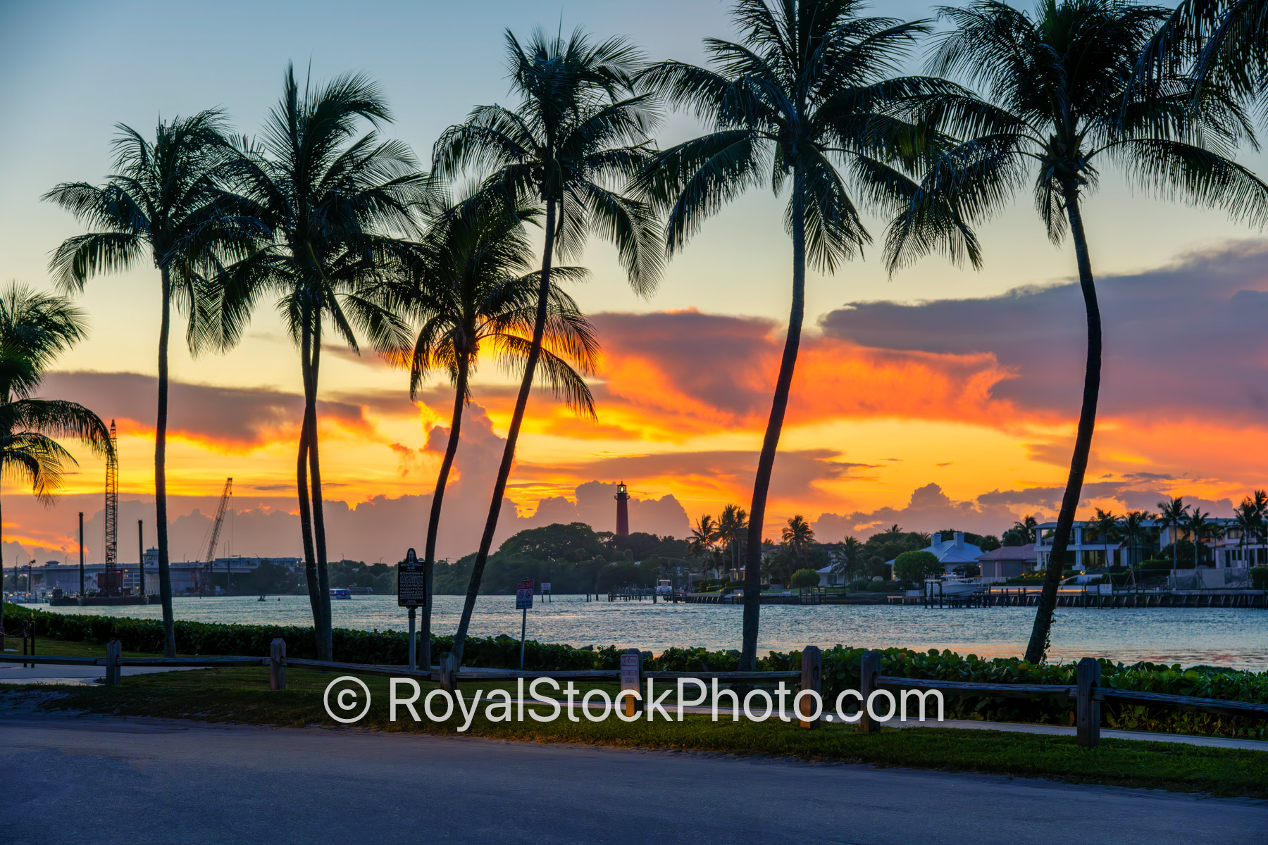 Jupiter Inlet July 31 Sunset with Lighthouse and Coconut Trees
