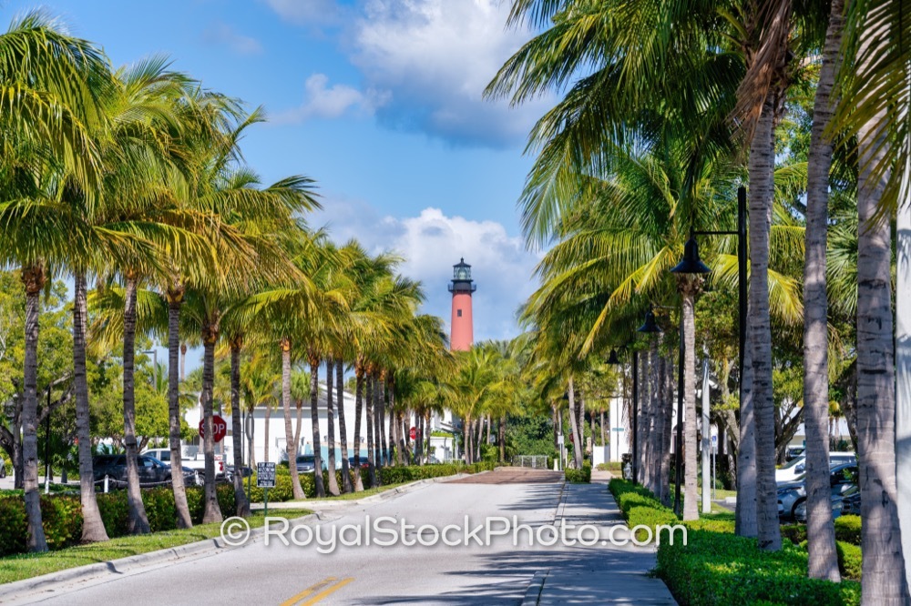 Scenic Street View Highlights the Iconic Jupiter Inlet Lighthouse Surrounded by Lush Palm Trees on Lighthouse Road 20251121